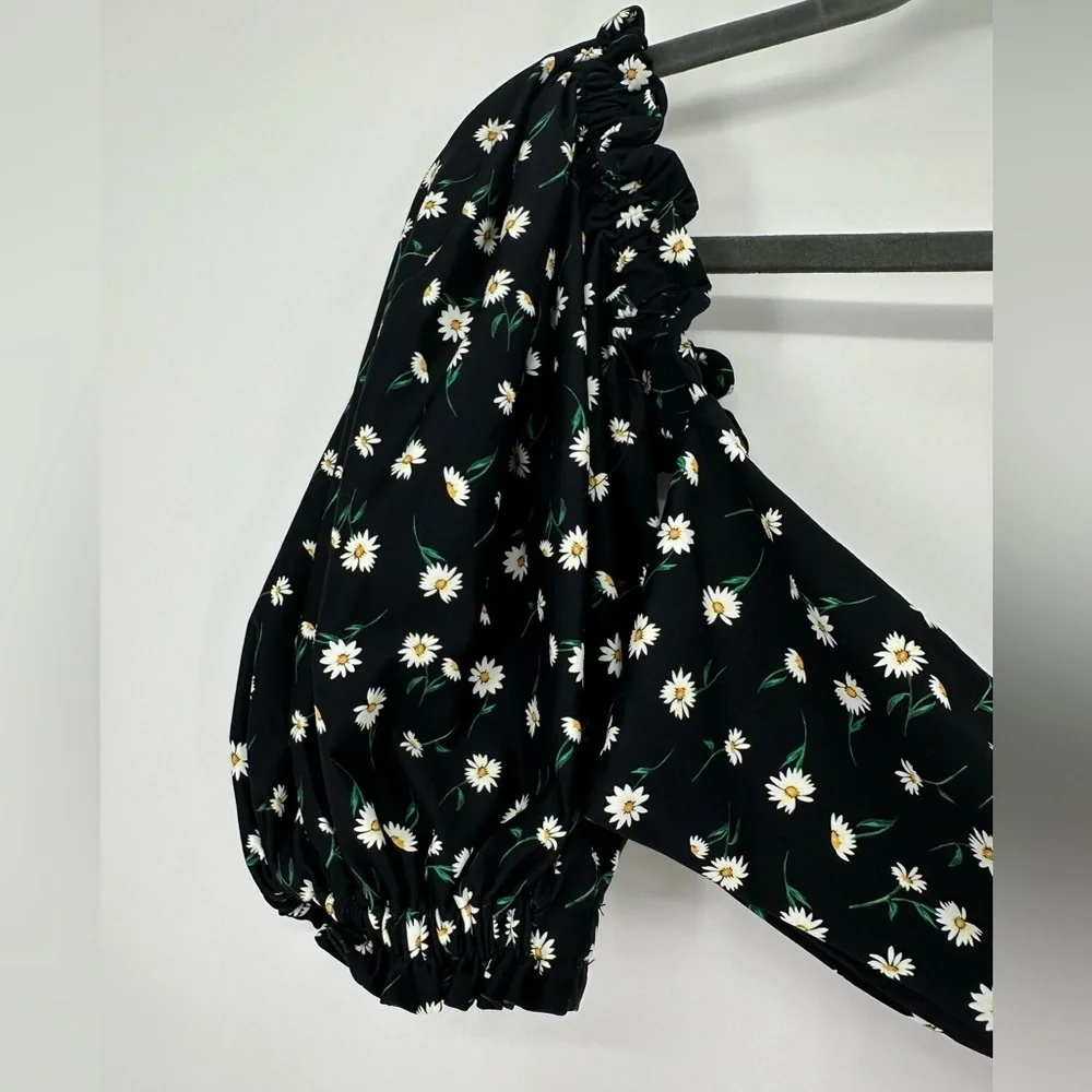 Onia x WeWoreWhat Daisy Floral Bikini Top Size L NWT Puff Sleeve Black Swim